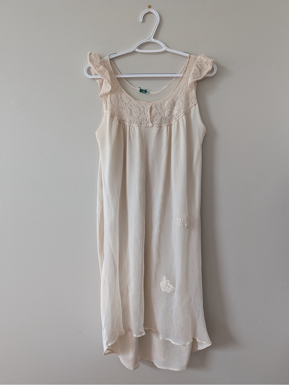 Vintage Cream Lace Slip Dress Embroidered Floral Fairycore Cottagecore Boho M